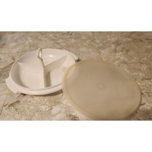 Tupperware, vintage Suzette white divided relish serving platter w lid & handle